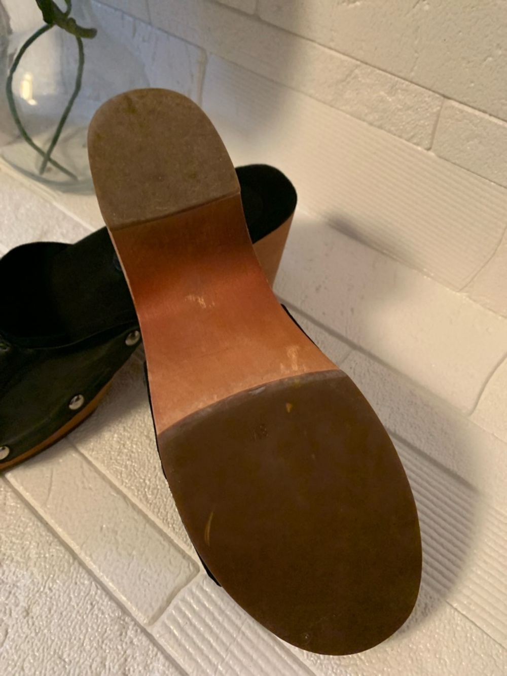 Jeffrey Campbell Black Leather Buckle Clog Mules with Tan Platform - Picture 5 of 10